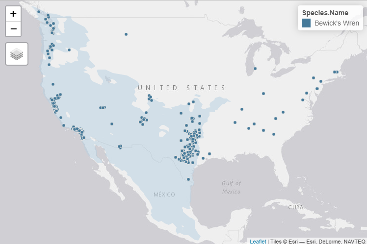 Map of the United States overlayed with a range polygon and points representing the locations of Bewick’s Wren nests. Most nests are within the range polygon, but a few are located outside.