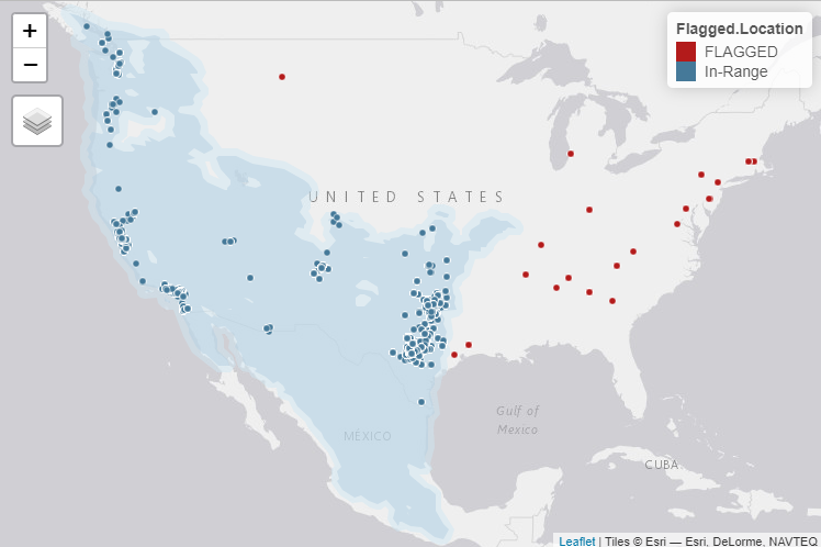 Map of the United States overlaid with the Bewick’s Wren typical breeding range polygon, plus an added 50km buffer zone (lighter blue). Points represent the reported locations of Bewick’s Wren nests, with those outside the buffer being red while those inside are blue.